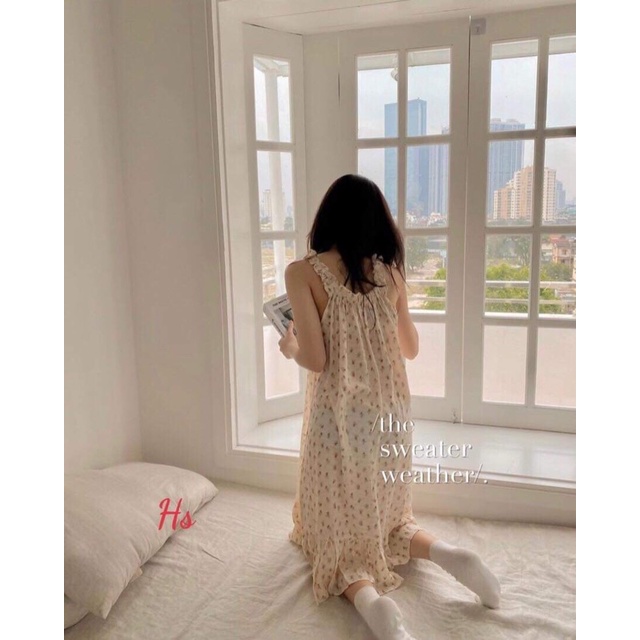 Váy 2 dây yếm đuôi cá rộng qua gối viền ren hoa nhí, có size S-XL và có ảnh video thật