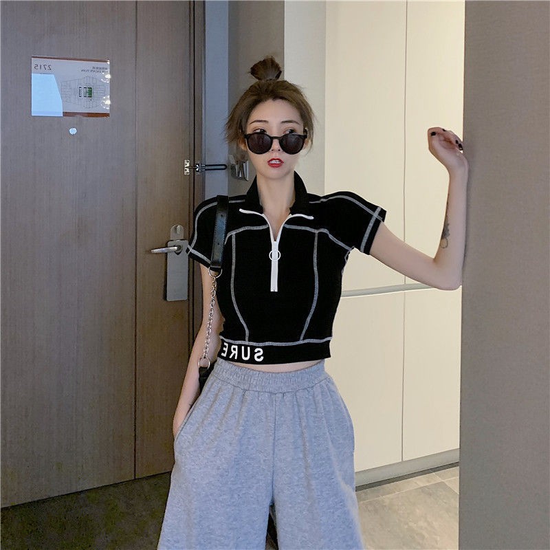 Áo thun nữ ngắn tay dây kéo thiết kế mùa hè crop top eo cao thon gọn 2021