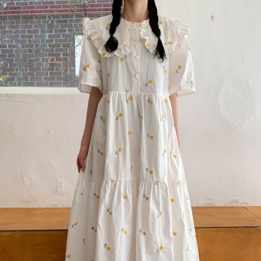 Đầm Chữ A Cổ Búp Bê In Họa Tiết Hoa Nhí Thời Trang Phong Cách Hàn Quốc Dành Cho Nữ