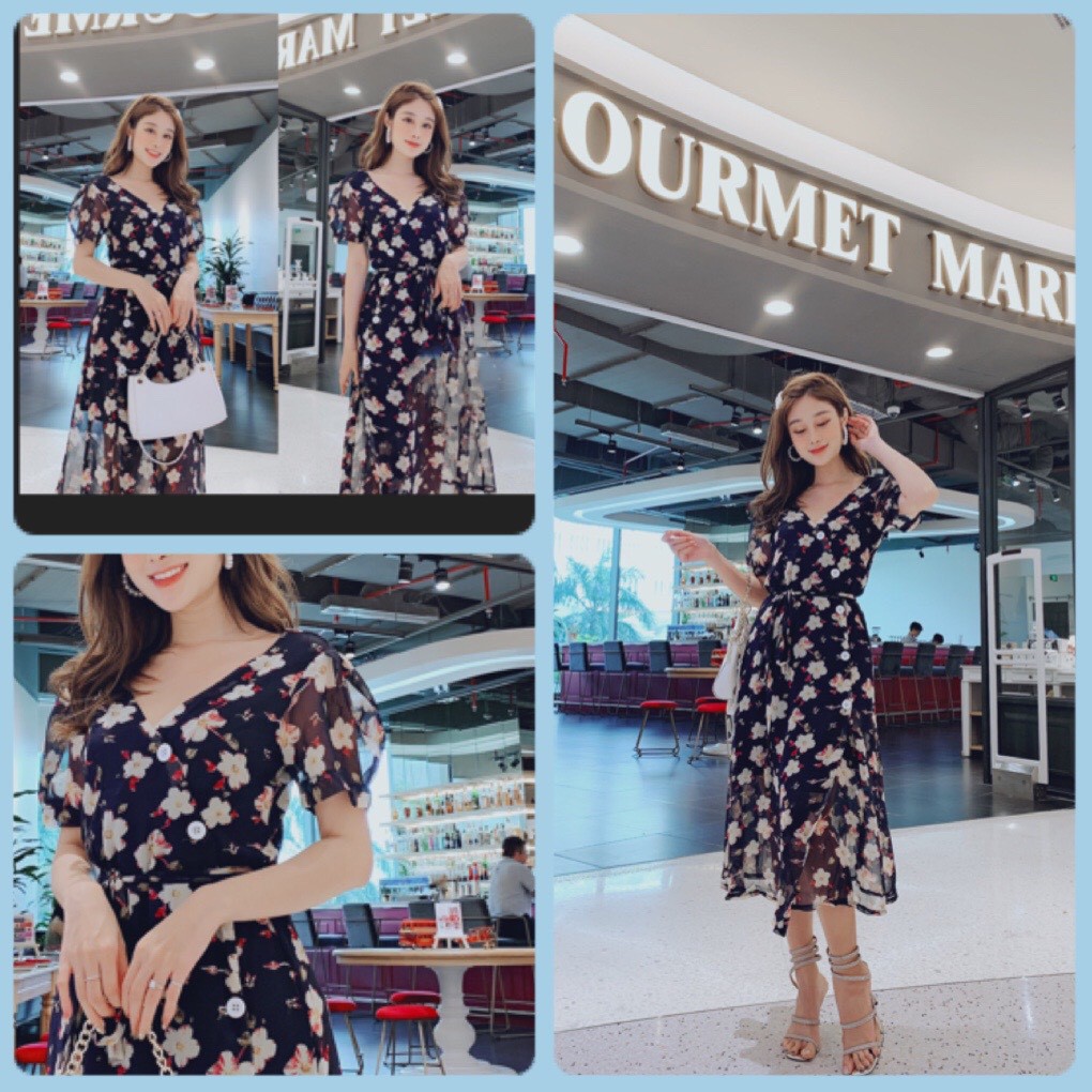 Đầm suông hoa tay con phối nút kèm dây cột so hot phù hợp đi chơi, đi dạo phố đi tiệc - Thời trang VADA (VD131)
