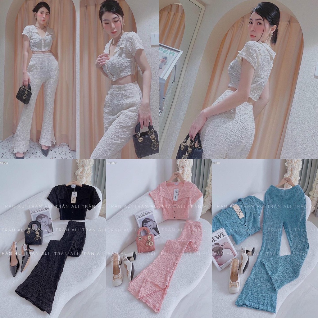 SET ÁO CROPTOP XỐP CỔ BẺ & QUẦN ỐNG LOE (HÀNG Y HÌNH)