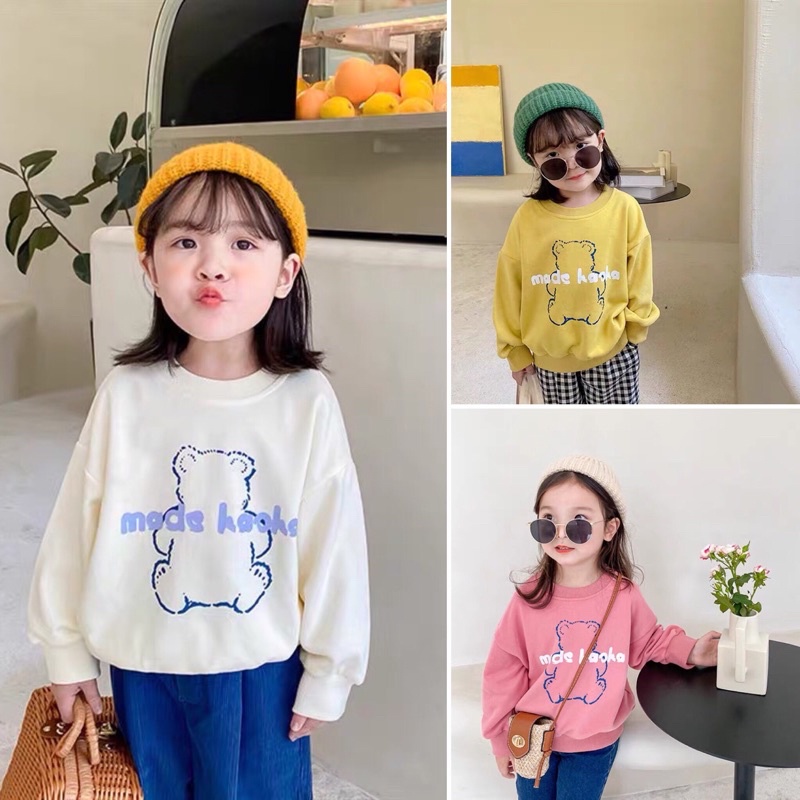 Áo sweater dài tay cổ tròn in hình Gấu cho bé gái phong cách Hàn Quốc từ 12kg đến 30kg thời trang trẻ em Dream House