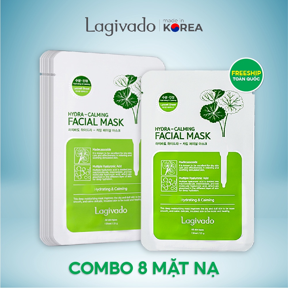 - Combo 8 mặt nạ dưỡng da giảm dầu và mụn rau má Hàn Quốc Lagivado Facial Mask dạng giấy 23g/miếng