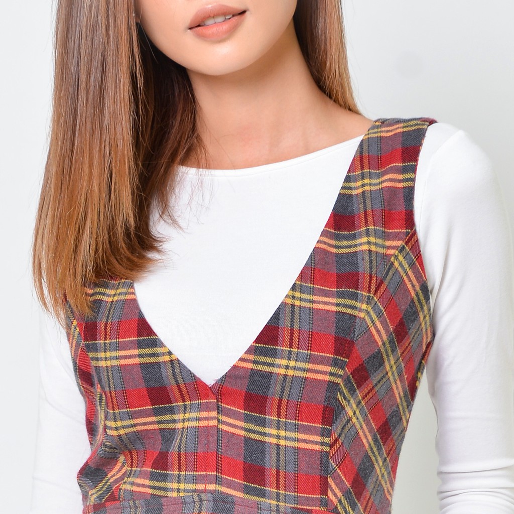 Đầm yếm caro nữ thời trang Eden cổ v phom chữ a kiểu dáng mang đến sự trẻ trung năng động - D376