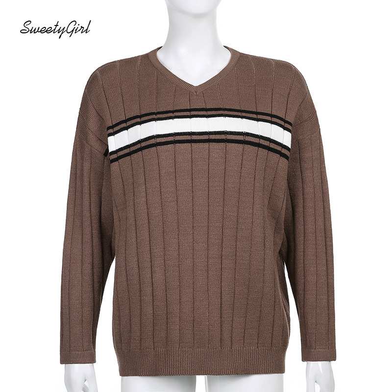 Áo Len Tay Dài Cổ Chữ V Kẻ Sọc Thời Trang Cho Nữ