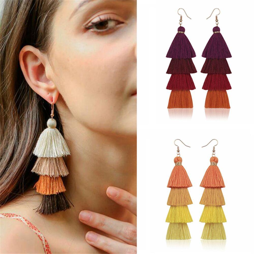 1 Đôi Bông Tai Tua Rua Dài Bằng Vải Lụa Màu Gradient Phong Cách Boho Dân Tộc