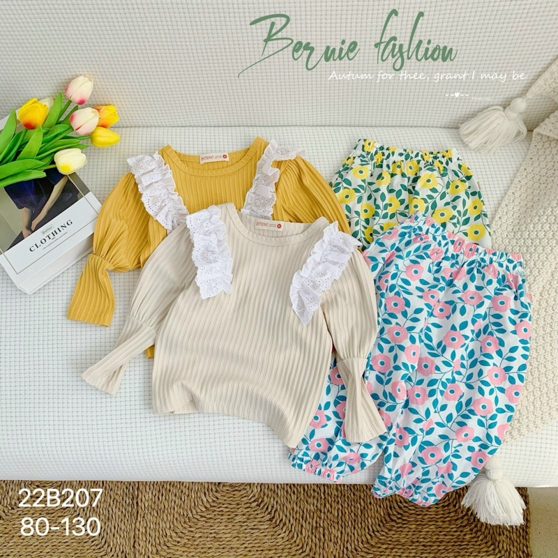Bộ bé gái Bernie tay bồng phối ren chất cotton cho bé từ 9-22kg-22B207