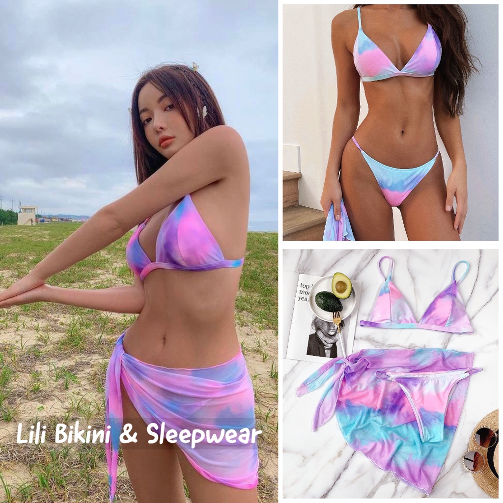 Bộ đồ bơi bikini ba mảnh kèm váy kín đáo màu loang cầu vồng siêu đẹp độc đáo thời trang Hàn Quốc