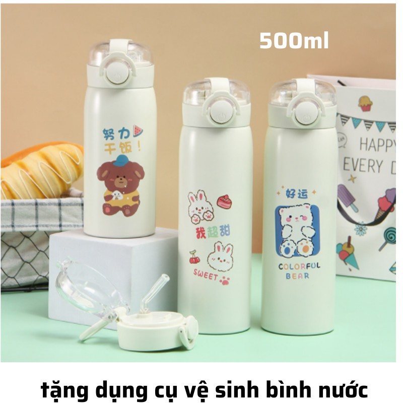 Bình giữ nhiệt INOX 304 ,bình giữ nhiệt họa tiết dễ thương dung tích 500ml , bình nước có ống hút có dây