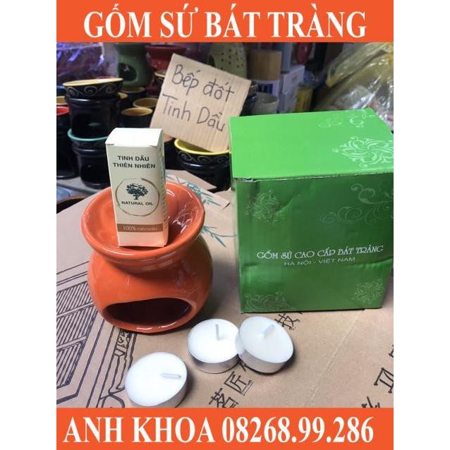 Set bếp đốt tinh dầu kèm 3 viên nến và lọ tinh dầu - Gốm sứ Bát Tràng Anh Khoa