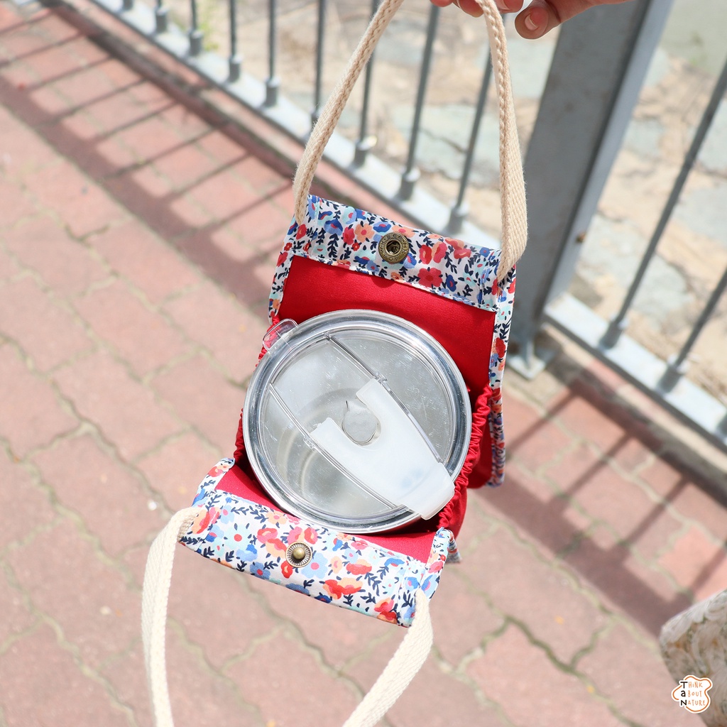 Túi vải đựng bình nước họa tiết hoa nhí đỏ Tancupholder