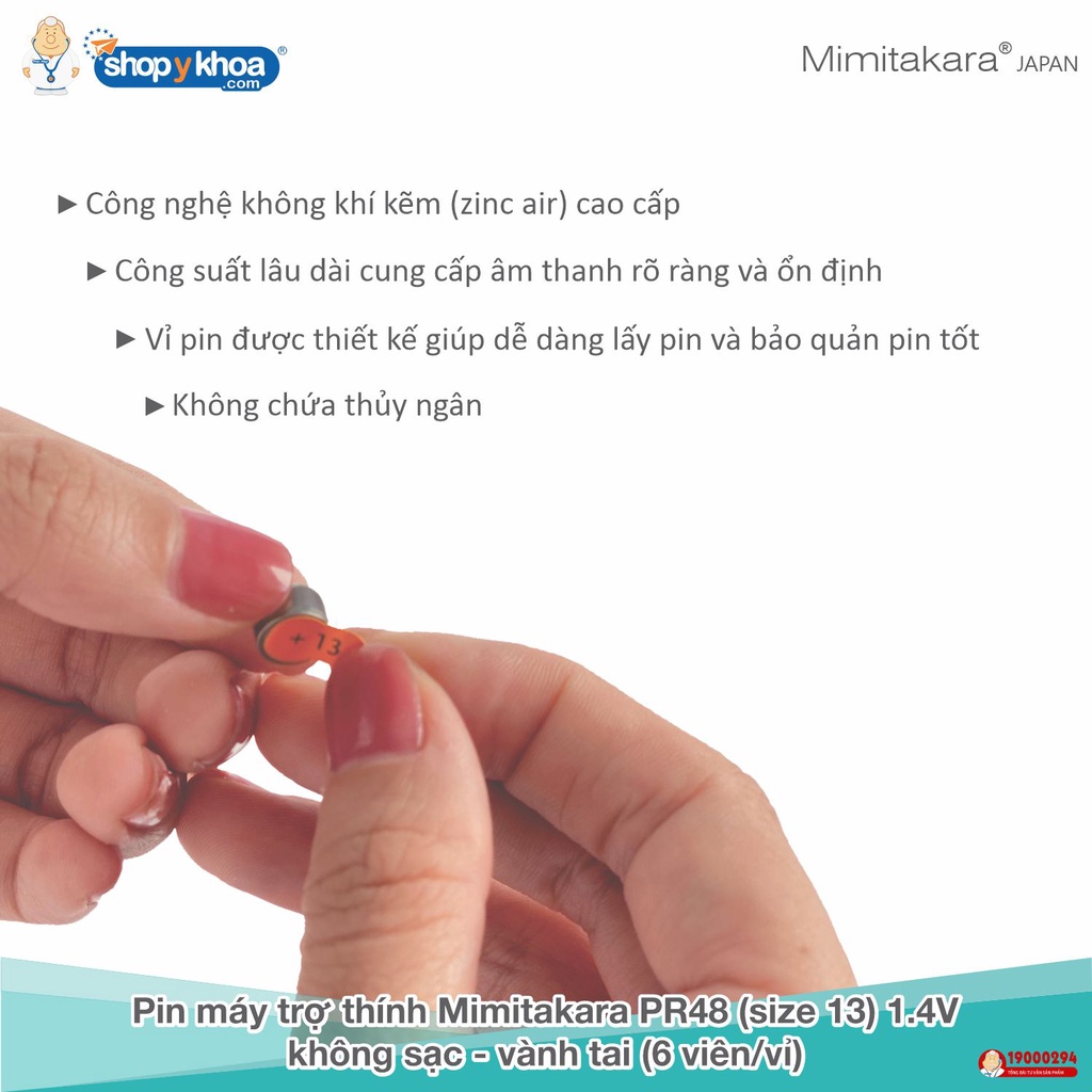 Pin Máy Trợ Thính Mimitakara, Size 13, 1.4V, Không Sạc, Vành Tai