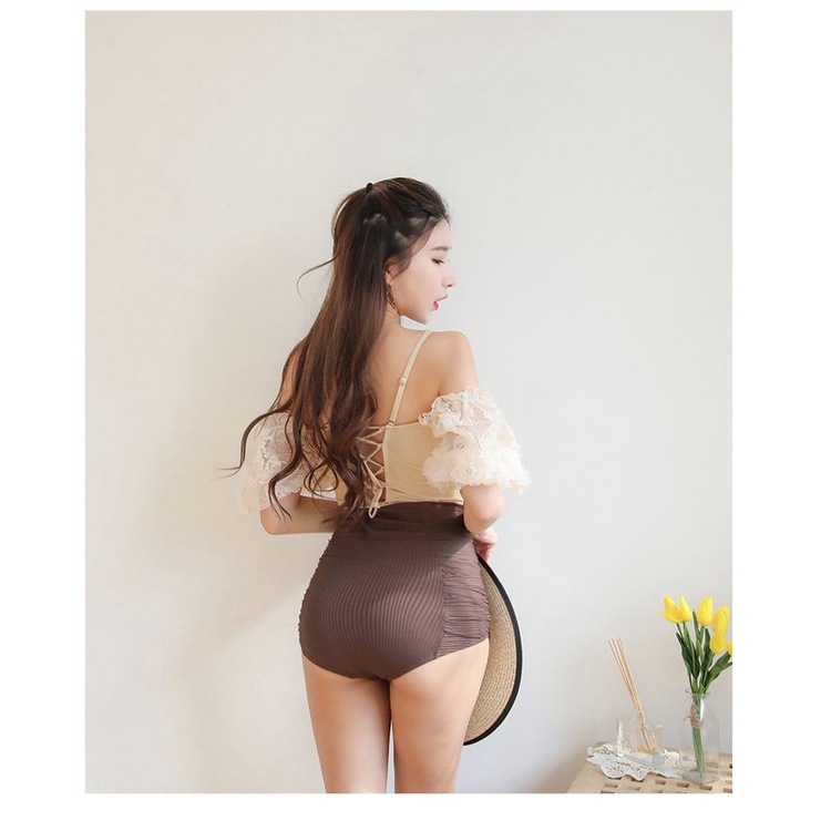 Bikini một mảnh Hàn Quốc, monokini công chúa áo ren hở vai gợi cảm, quần nâu tây thiết kế  che bụng