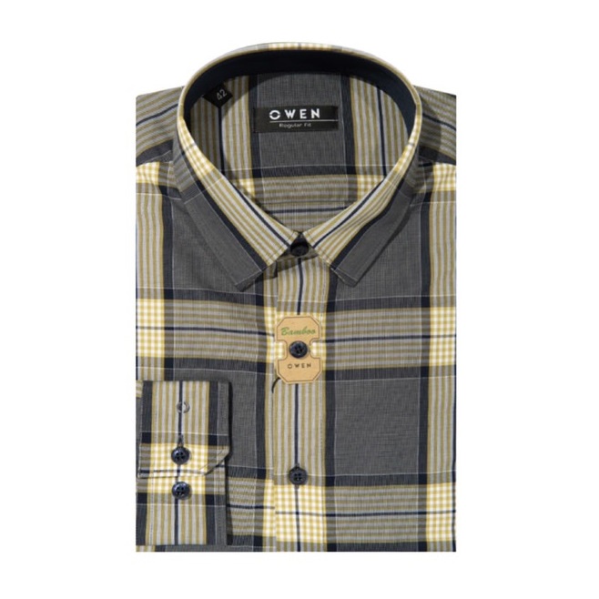 Áo Sơ Mi Nam Dài Tay OWEN AR220884DT Somi Công Sở Vải Sợi Tre Cao Cấp Màu Caro Navy Rêu Trắng Dáng Suông Tà Lượn Có Túi