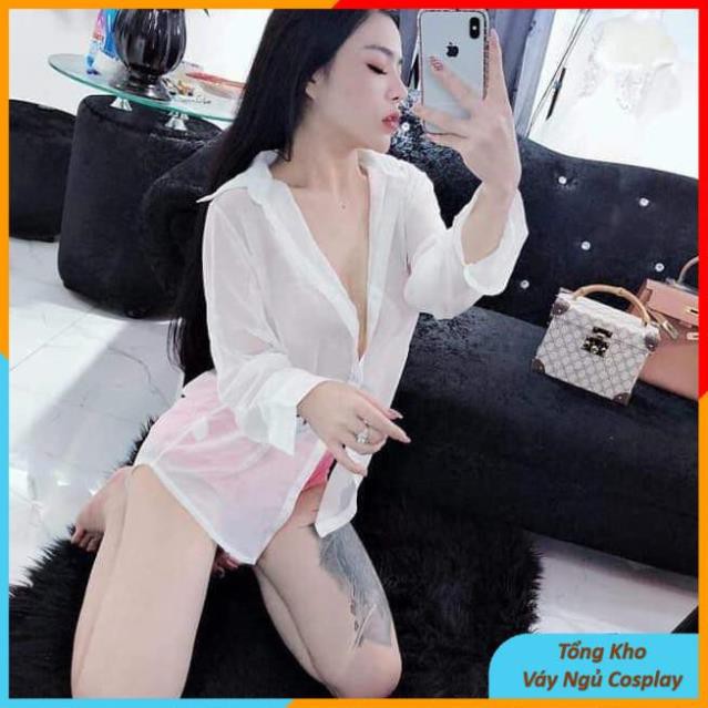 Aó Sơ Mi Ngủ Chất Voan Xuyên Thấu Cosplay Sexy Mã SM001, Áo Ngủ Sơ Mi Nữ Chụp Ảnh Indoor Studio Đẹp TKVN