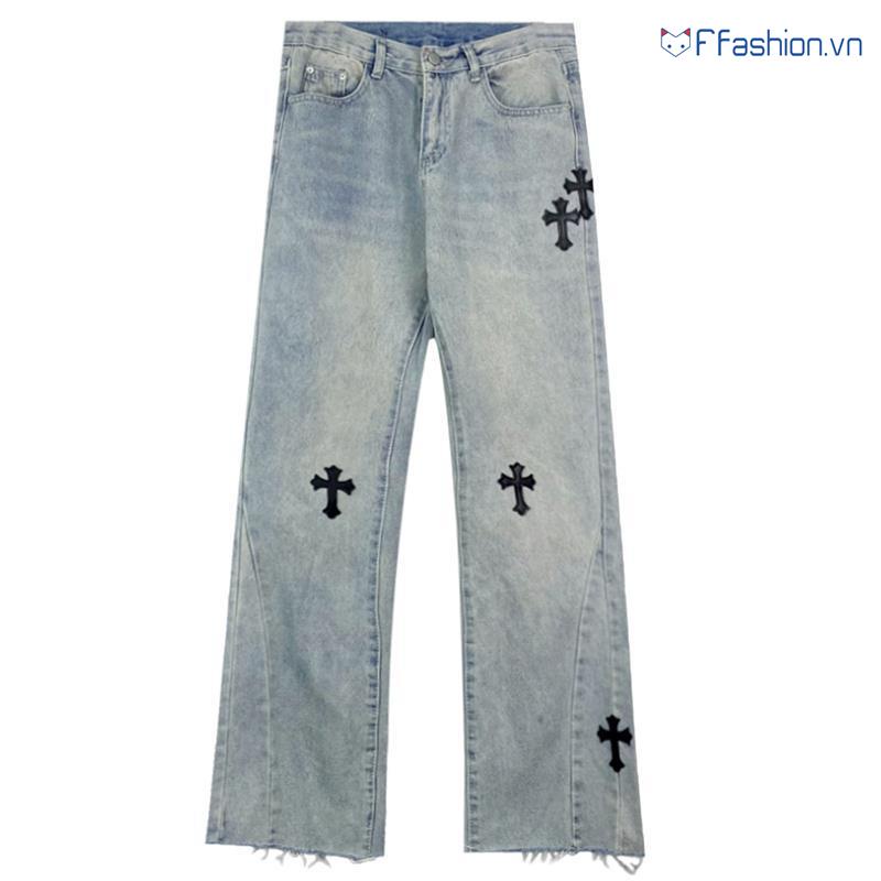 Honypove Quần Jeans Nữ Ống Rộng Lưng Cao Thêu Hoa