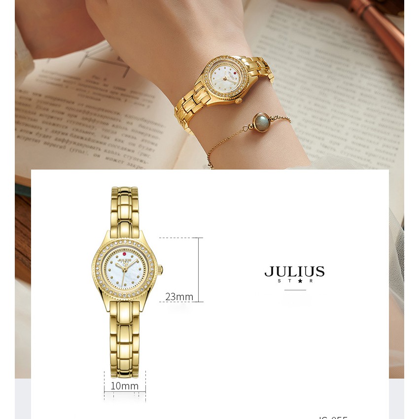 Đồng hồ nữ Julius Star JS-055 dây thép vàng Sapphire | Julius Official