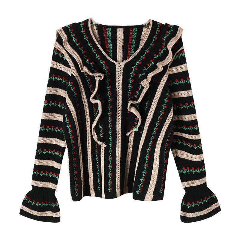 Áo len nữ dài tay cổ chữ V sọc ngang màu sắc thời trang