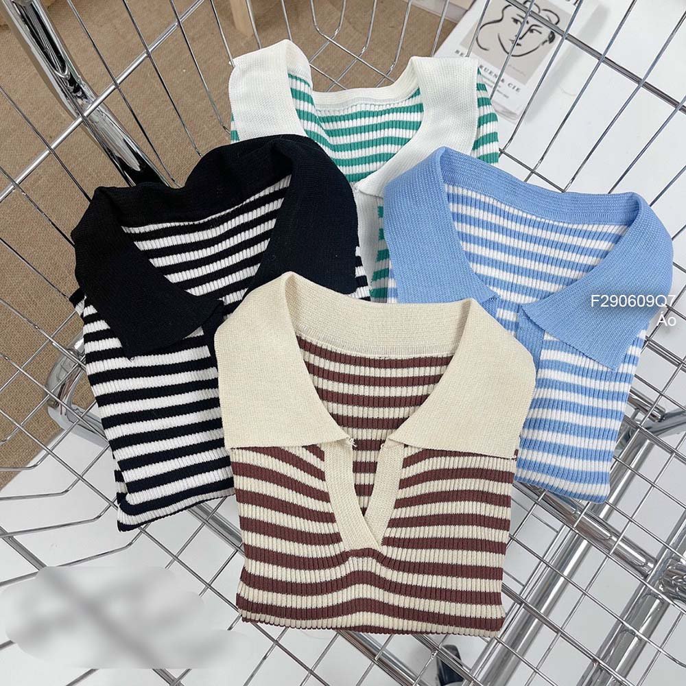 Áo len tăm croptop phối kẻ sọc cổ bẻ tay con hàng QC!