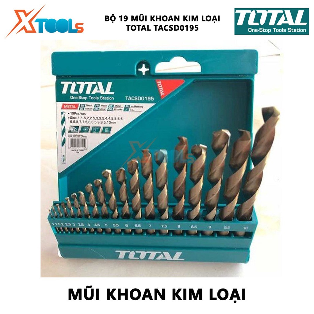 Bộ 19 mũi khoan hss TOTAL TACSD0195 Combo mũi khoan kim loại 19 mũi có kích thước từ 1 - 10 mm, mũi khoan hợp kim thép,