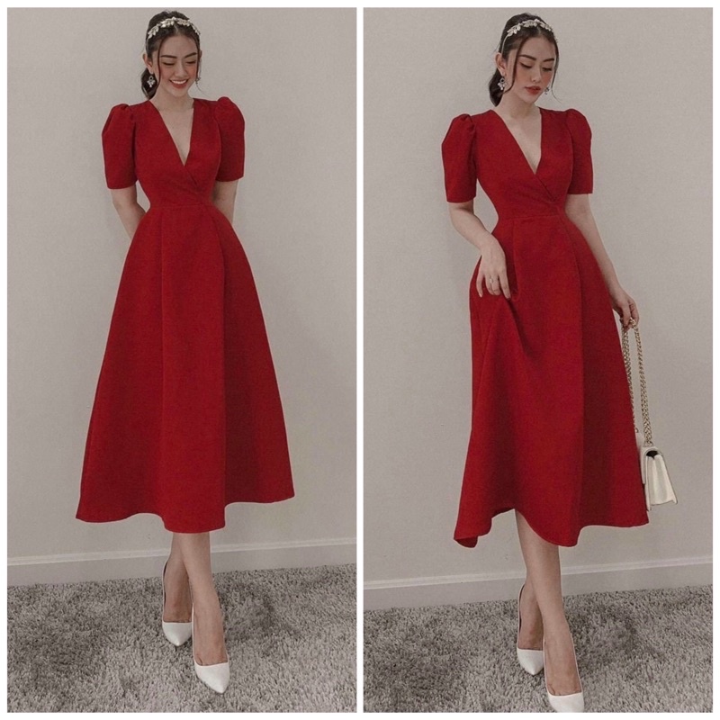 Đầm váy midi đi tiệc đỏ cổ v form dài (kèm hình thật)