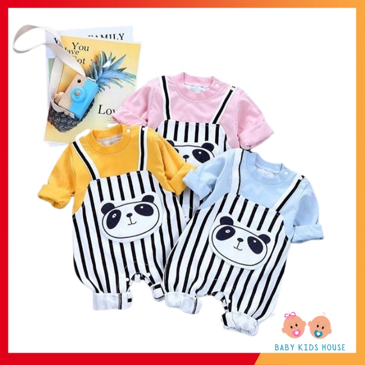 Bộ yếm kẻ dài tay hình gấu cho bé trai bé gái dễ thương chất cotton mịn đẹp,quần áo trẻ em sơ sinh
