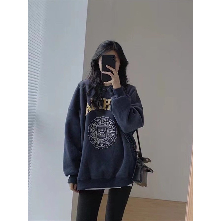 Áo sweater Cổ Tròn In Chữ Màu Xanh Dương Phong Cách Thời Trang Hàn Quốc Dễ Phối Đồ