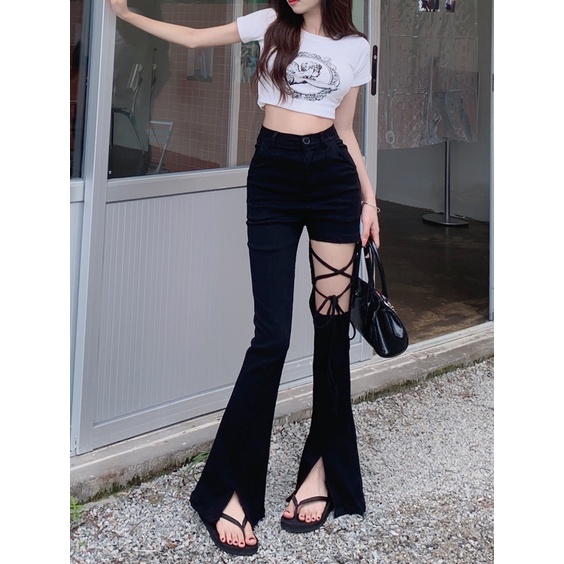 Quần Dài Lưng Cao Màu Đen Thiết Kế Xẻ Rách Cá Tính