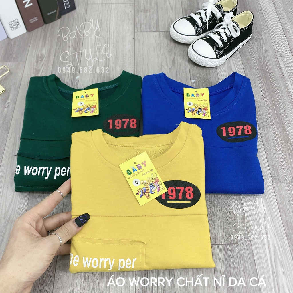 Áo thun nỉ - Áo sweater bé trai &quot;WORRY&quot; 14-45kg (4-14 tuổi). Thoải mái - ấm áp. Hàng may kỹ. B43