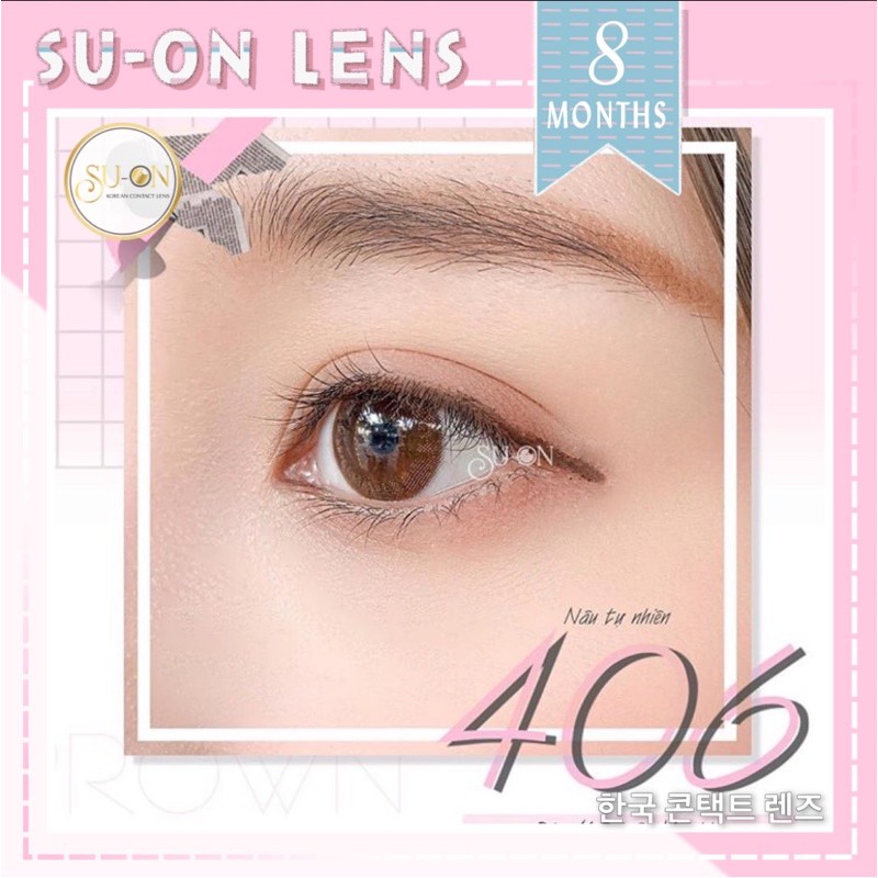 Lens cận nâu tự nhiên 406 BROWN, kính áp tròng Hàn Quốc chính hãng 14mm, viền nâu mảnh tròn mắt babie