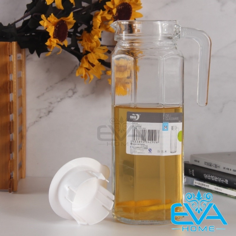 Bình Thuỷ Tinh Đựng Nước 1.1L Quai Cầm Miệng Rót Lục Giác EH1003 Glass Pitcher Hexagon Jar 1100 ML