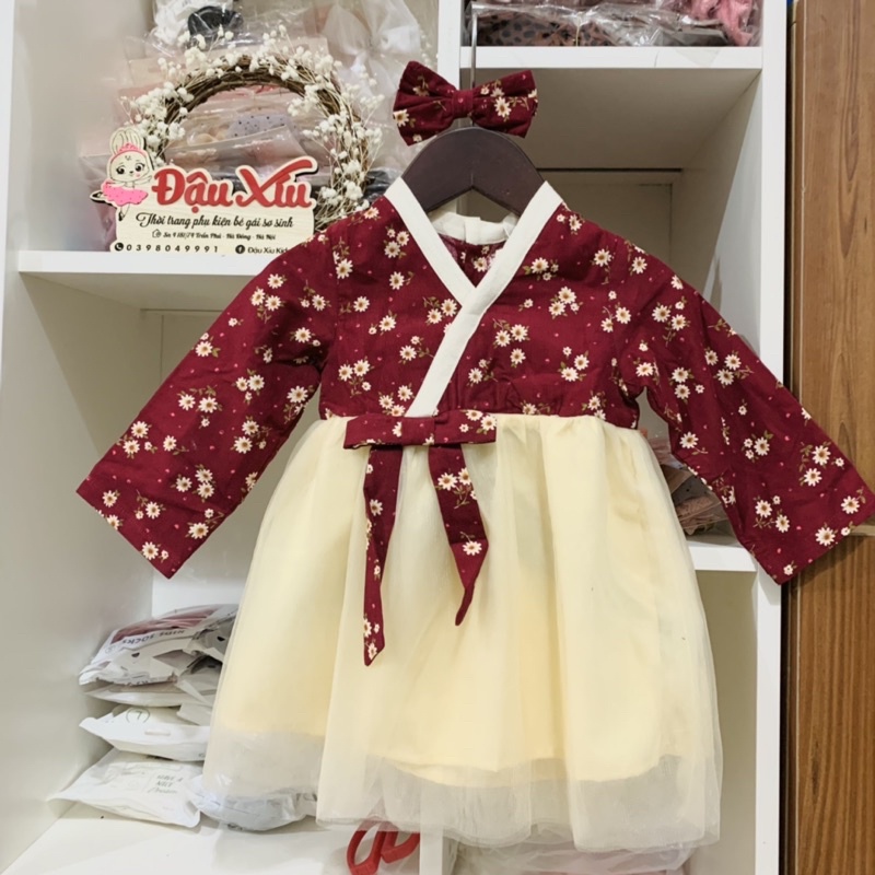 Váy Hanbok đỏ diện Tết vải nhung cao cấp cho bé gái