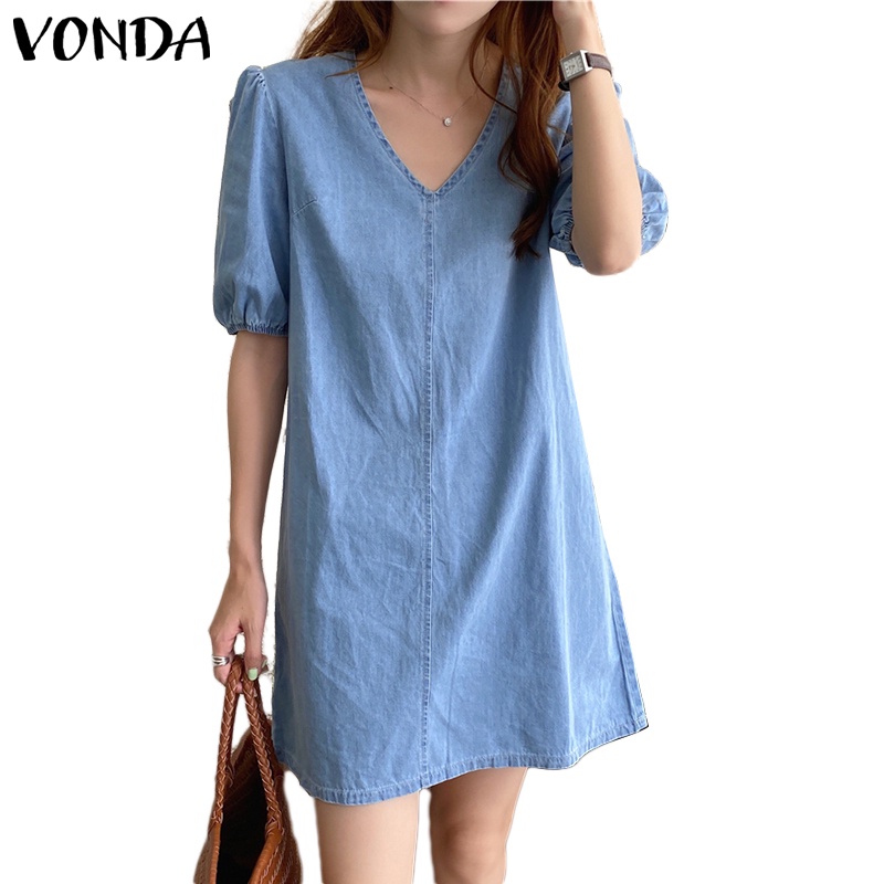 Đầm VONDA tay ngắn cổ chữ V màu trơn thời trang mùa hè phong cách Hàn Quốc dành cho nữ