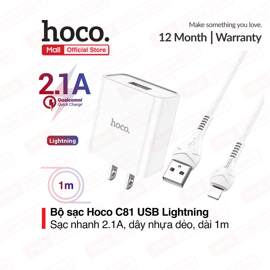 Bộ sạc Hoco C81 USB Lightning sạc nhanh 2.1A, thích hợp nhiều dòng iPhone/iPad..., dây nhựa dẻo, dài 100cm