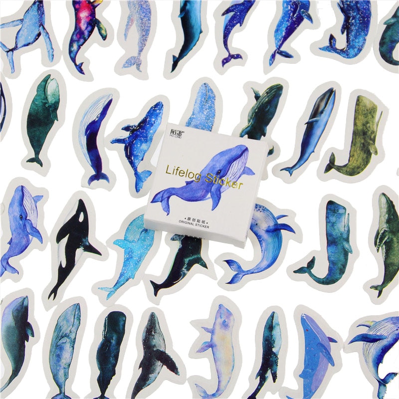 Gói 45 Miếng Dán Mini Hình Cá Voi Xanh Dương Trang Trí Sổ Lưu Niệm DIY