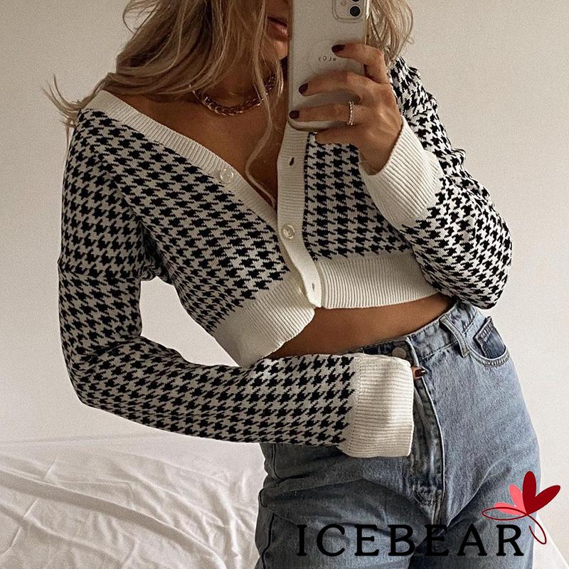 Áo Khoác Dệt Kim Tay Dài Cổ Chữ V In Họa Tiết Houndstooth Thời Trang Mùa Thu