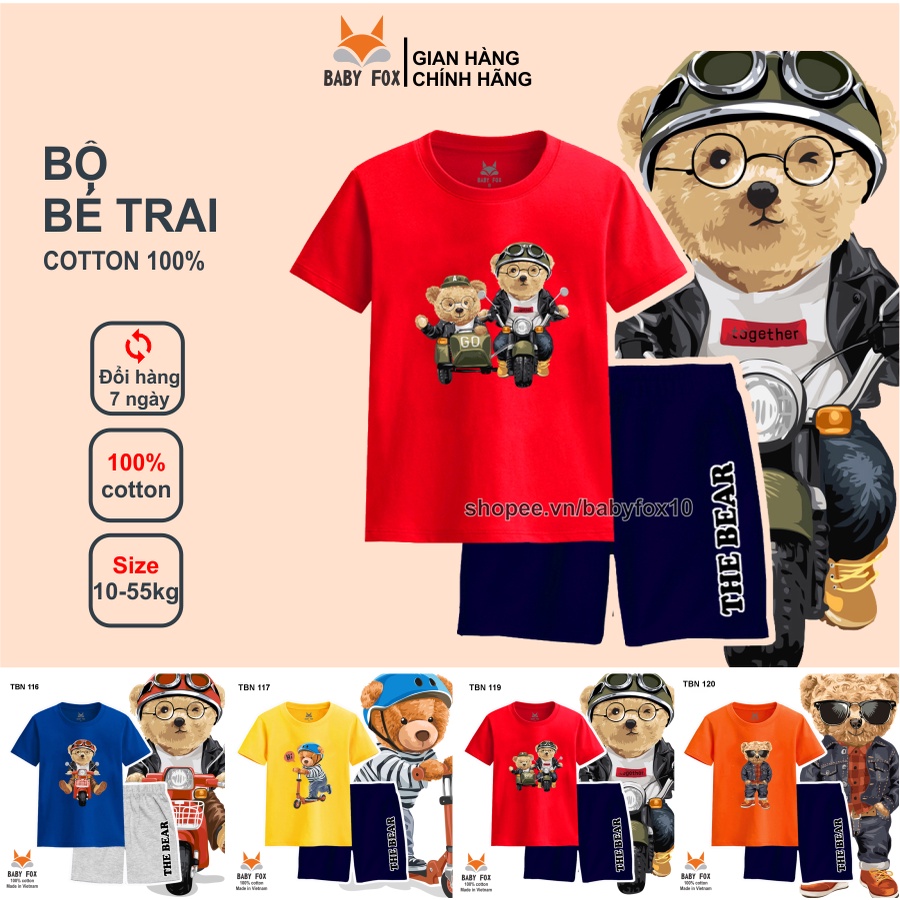 Bộ thun bé trai 100% cotton loại tốt, thương hiệu BABY FOX, in hình gấu, size nhỏ, trung, đại a