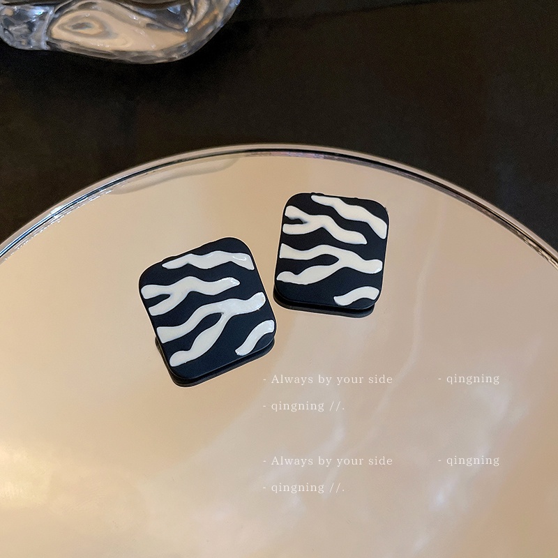 DREJEW Khuyên tai mạ bạc 925 hình vuông kẻ sọc đen trắng phong cách Hàn Quốc đơn giản cho nữ