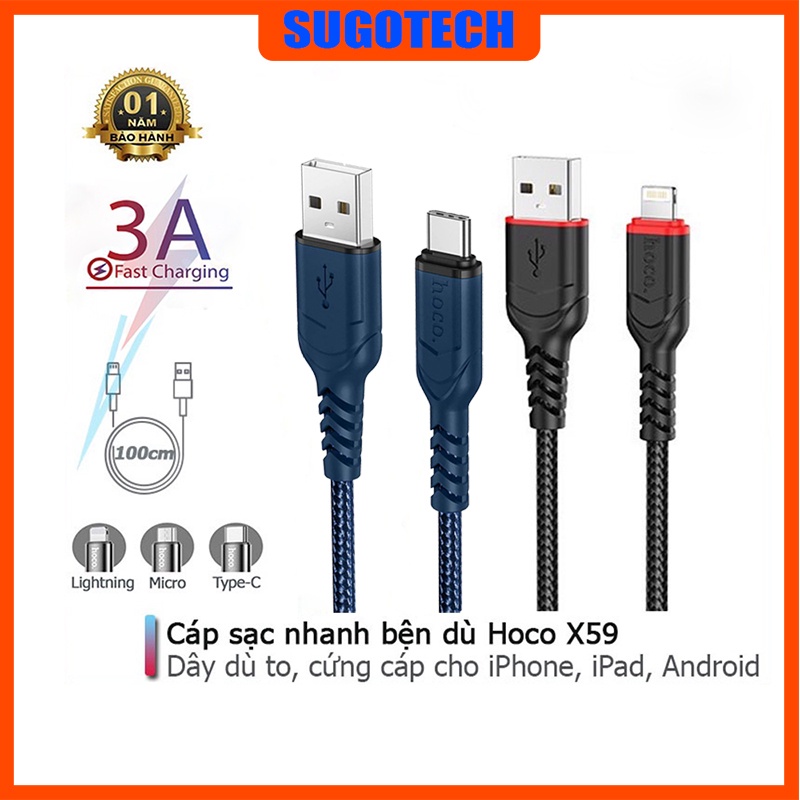 Dây sạc nhanh Hoco X59 usb to ,Type-C chống gãy gập,sạc nhanh cho cả IOS/Android