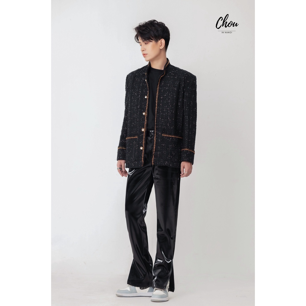 Áo dạ nam màu đen thiết kế cúc áo ngọc viền tay áo và nắp túi thêu tay dáng Hàn Quốc