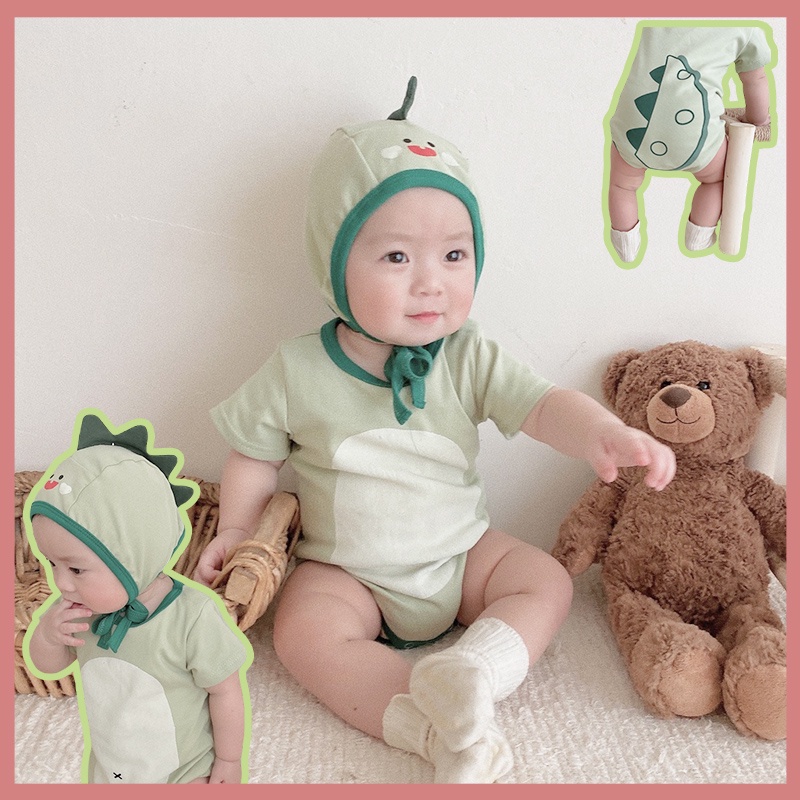 Bộ Áo Liền Quần In Hình Khủng Long Dễ Thương Kèm 1 Nón Thời Trang Mùa Hè Cho Bé Trai