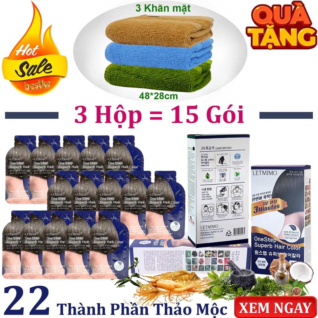 Bộ 3 Hộp Gội Nhuộm Tóc bạc LETMIMO màu Nâu Đen_2N + QUÀ TẶNG 3 khăn mặt bestke 48*28cm