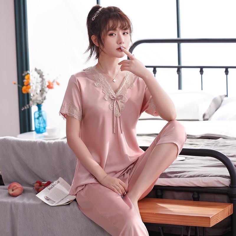 Đầm Ngủ Tay Ngắn Chất Lụa Phối Ren Quyến Rũ Thời Trang Xuân Thu Phong Cách Hàn Quốc Cho Nữ