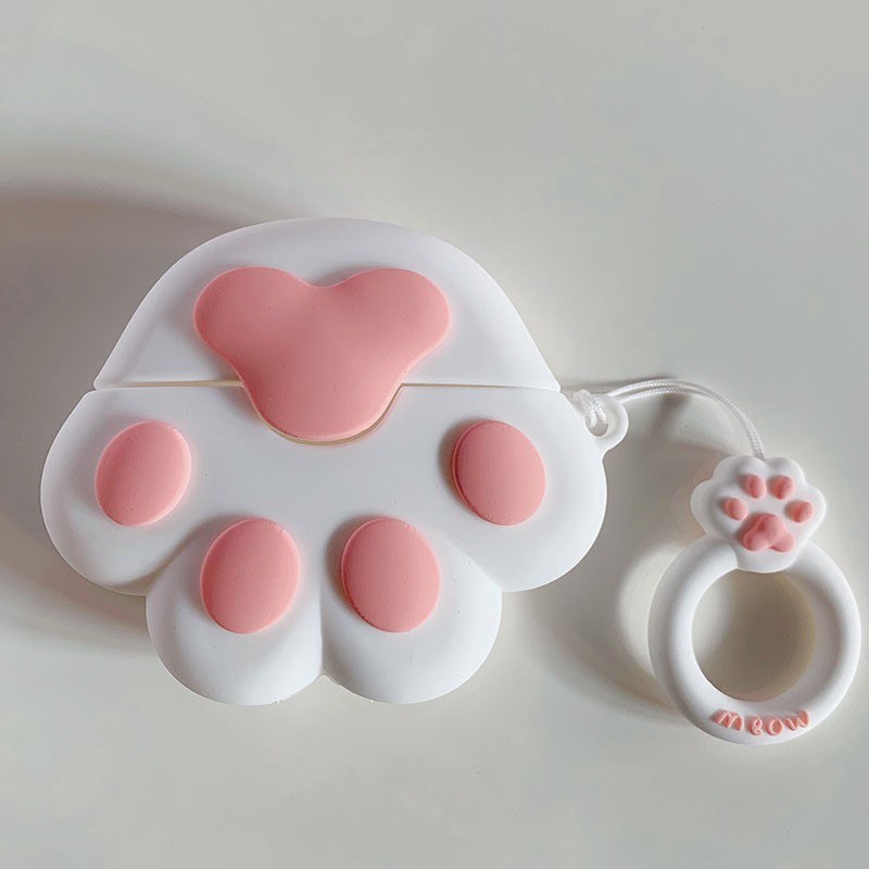 Vỏ Bảo Vệ Hộp Sạc Tai Nghe AirPods 1 2 3 Pro Bằng Silicon Hình Chân Mèo Màu Hồng Trắng Dễ Thương Kèm Dây Đeo