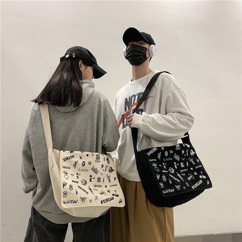 Túi tote vải đeo chéo canvas unisex cao cấp đựng vừa khổ a4 đi học đi chơi Hàn Quốc