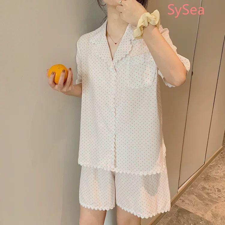 Bộ Đồ Ngủ ngắn tay Phối Ren Họa Tiết Chấm Bi Thời Trang Mùa Hè Cho Nữ