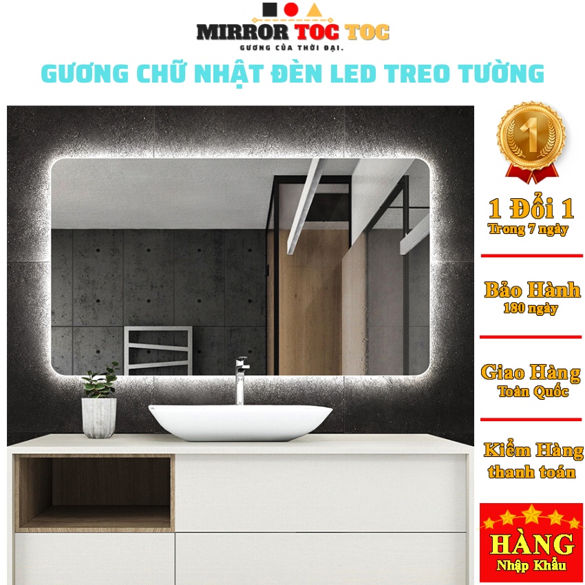 Gương đèn led cảm ứng đổi 3 màu hình chữ nhật treo tường, để bàn trang điểm, nhà tắm phòng wc decor giá rẻ MIRRORTOCTOC
