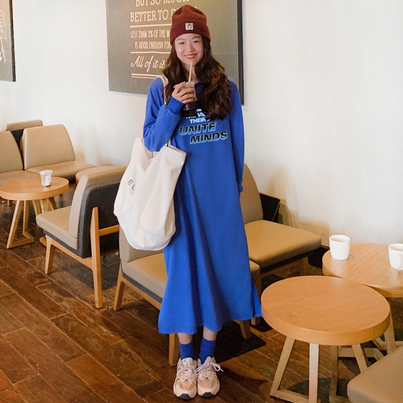 SUXI Đầm Hoodie Mỏng Cổ Tròn Dài Tay Dáng Rộng In Chữ Thời Trang Mùa Thu Năng Động