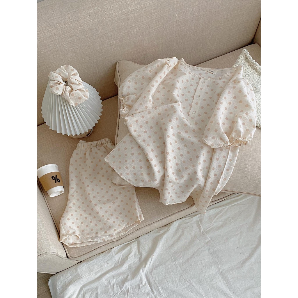 Bộ đồ ngủ cộc tay họa tiết chất thô đũi- Miho house