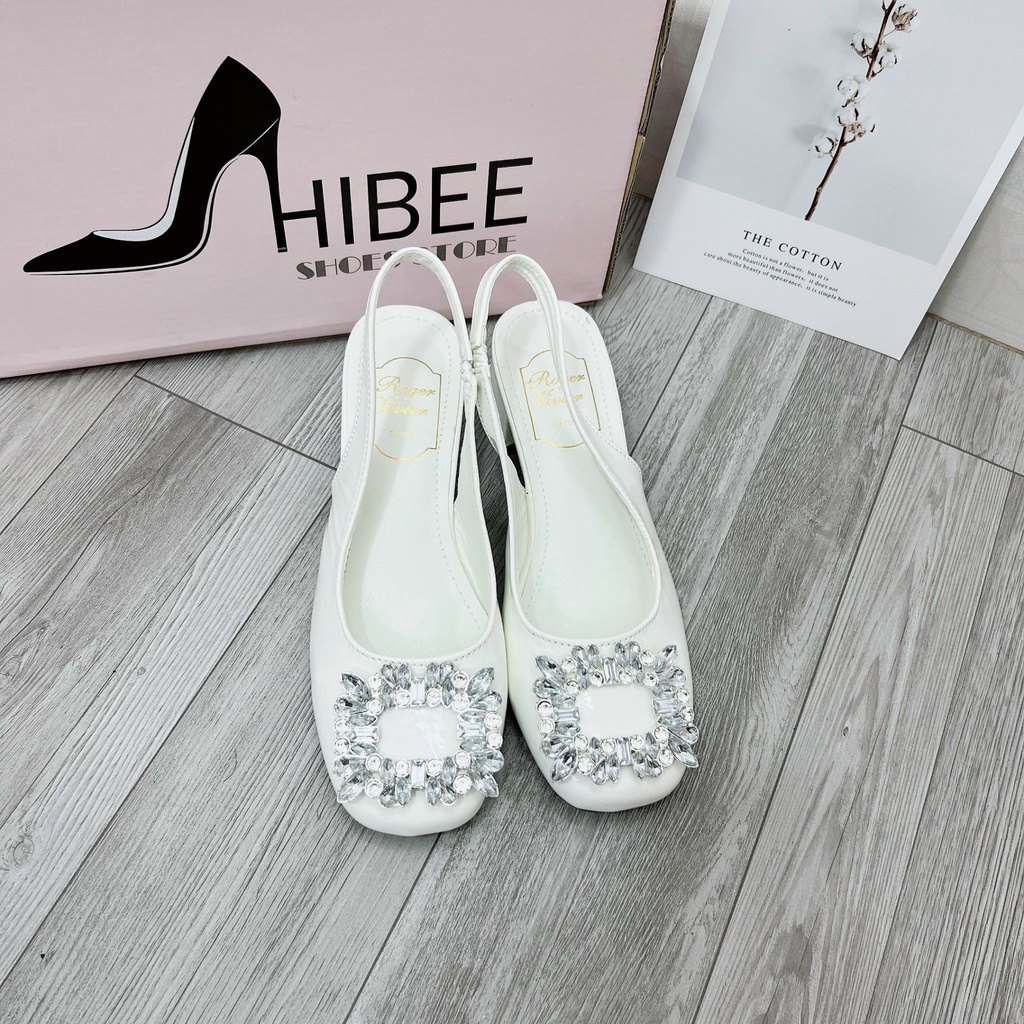 Giày sục cao gót nữ 3 phân guốc nữ mũi vuông gắn đá da mềm sang chảnh QM06